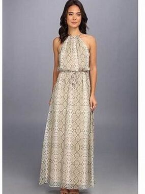 Vince Camuto snakeskin maxi dress with gold necklace detail